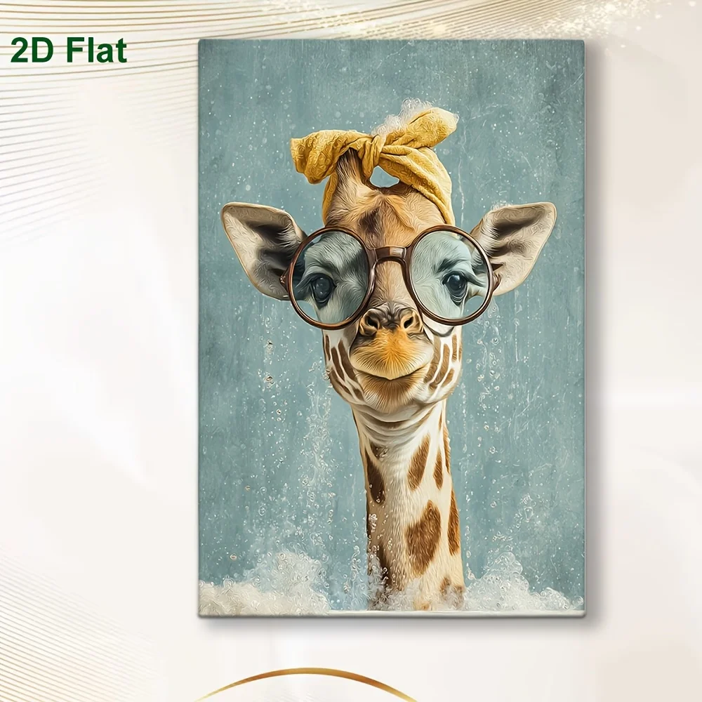 (No frame)2D Flat, 1pc Framed Canvas Giraffe Wall Art Painting - Modern Minimalist Giraffe Head with Glasses & Scarf, Suitabl