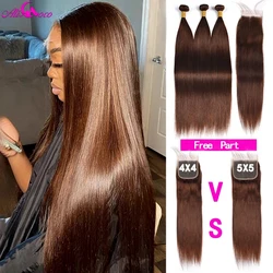 Chocolate Brown Bone Straight Bundles With Closure #4 Brazilian Hair Weave Bundles With Closure Remy Straight Human Hair Bundles