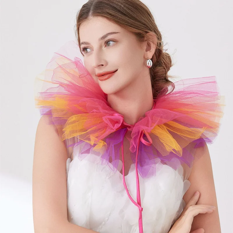 Exaggerated Colorful Scarf Detachable Mesh Fake Collar Layered Ruffle Sheer Clown Neck Collar Performance Accessories