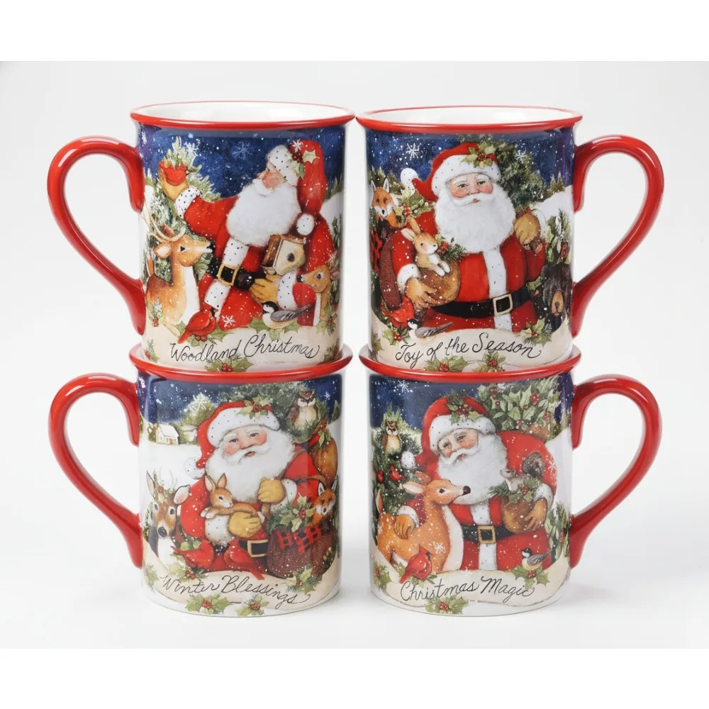 

Christmas Ceramic Mugs Set of 4, Santa & Animal Holiday Coffee Cups, Microwave Safe Tableware for Family Gifts