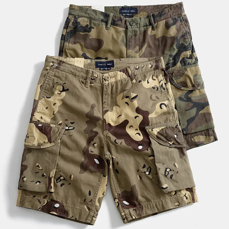 328# Summer New American Retro Woven Camouflage Cargo Shorts Men's 98% Cotton Washed Multi-Pocket Casual Straight 5-point Pants