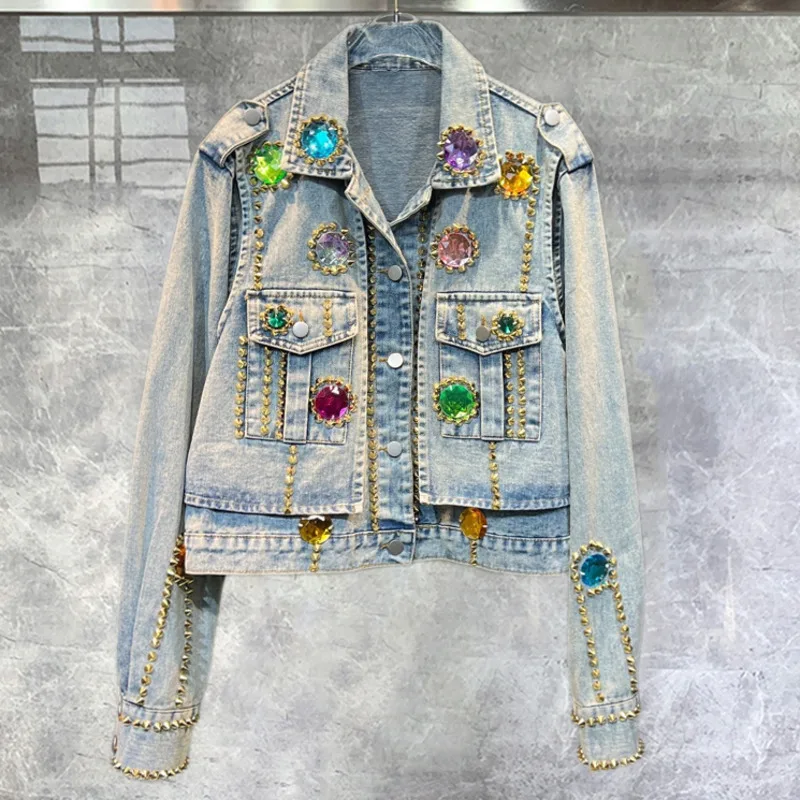 

Europe Station 2023 Autumn New Heavy Industry Design Sense Water Diamond Nail Beads Slim Versatile Short Jean Jacket Female