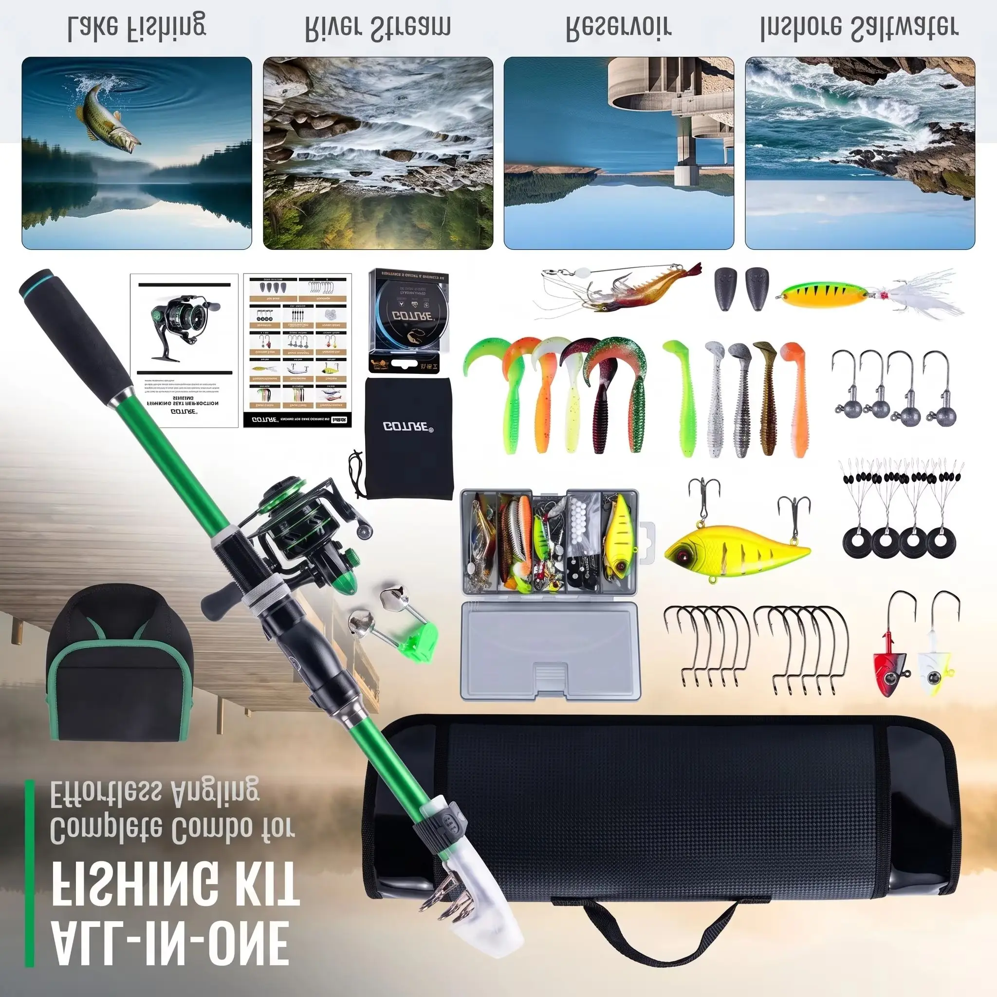 Telescopic Carbon Fishing Rod Spinning Reel Combo Full Kit, 1.8-2.7M Pole 66pcs Lures Hooks Tools Tackle Bag Fishing Gear