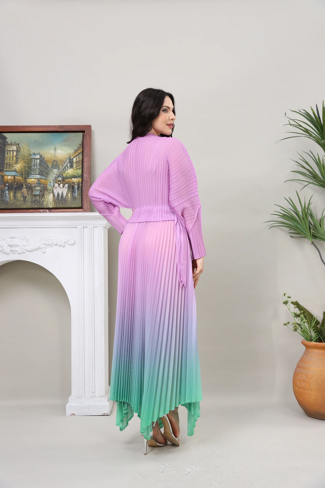 Women's Pleated Belt Sleeve Long Dress, Maxi Skirt, Blue, Green, Red, Pink, Plus Size, Stylish, 2022