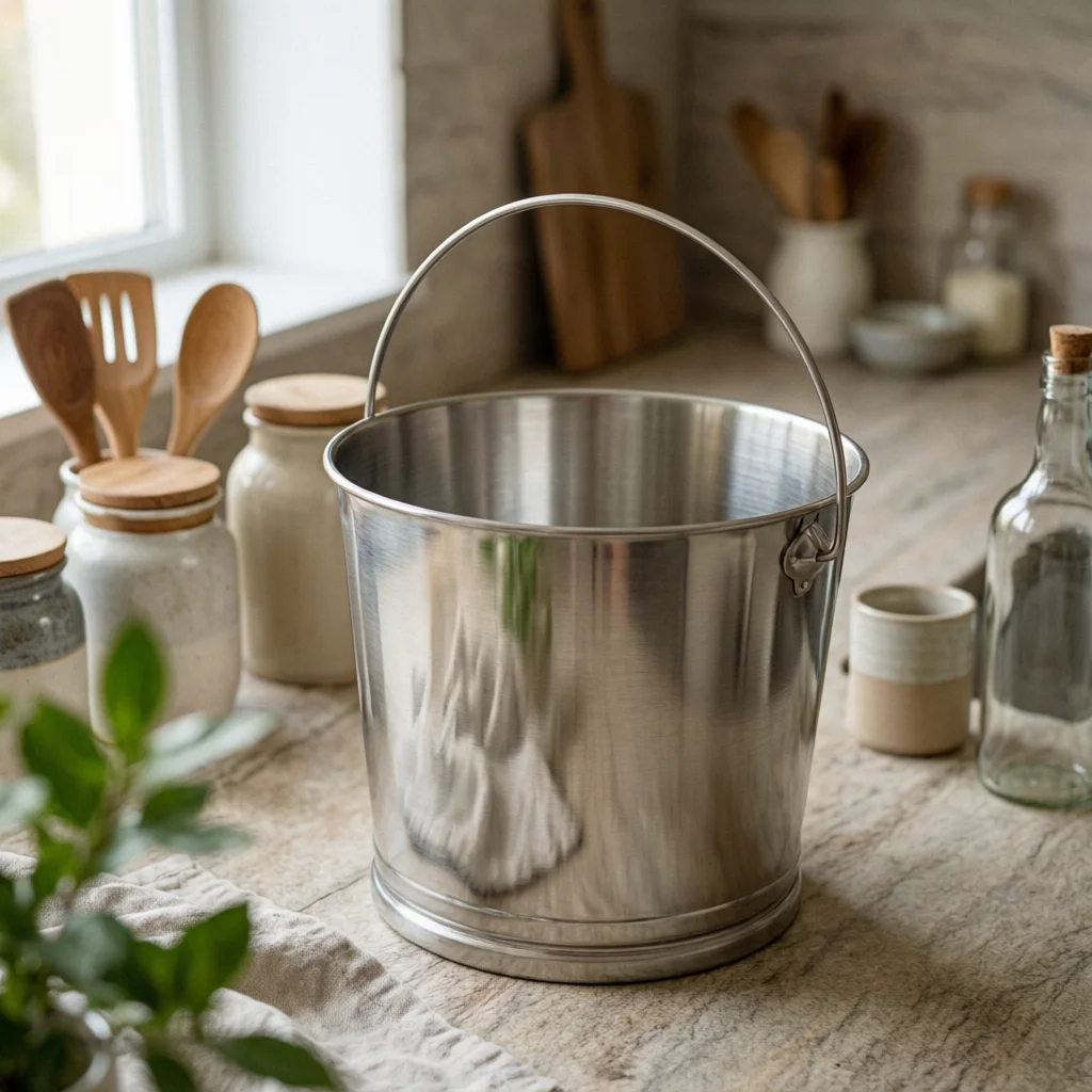 Sturdy Household Container Stainless Steel Pail Mirror Finish Raised Base Circular Ridge Round Steel Pail for Kitchen
