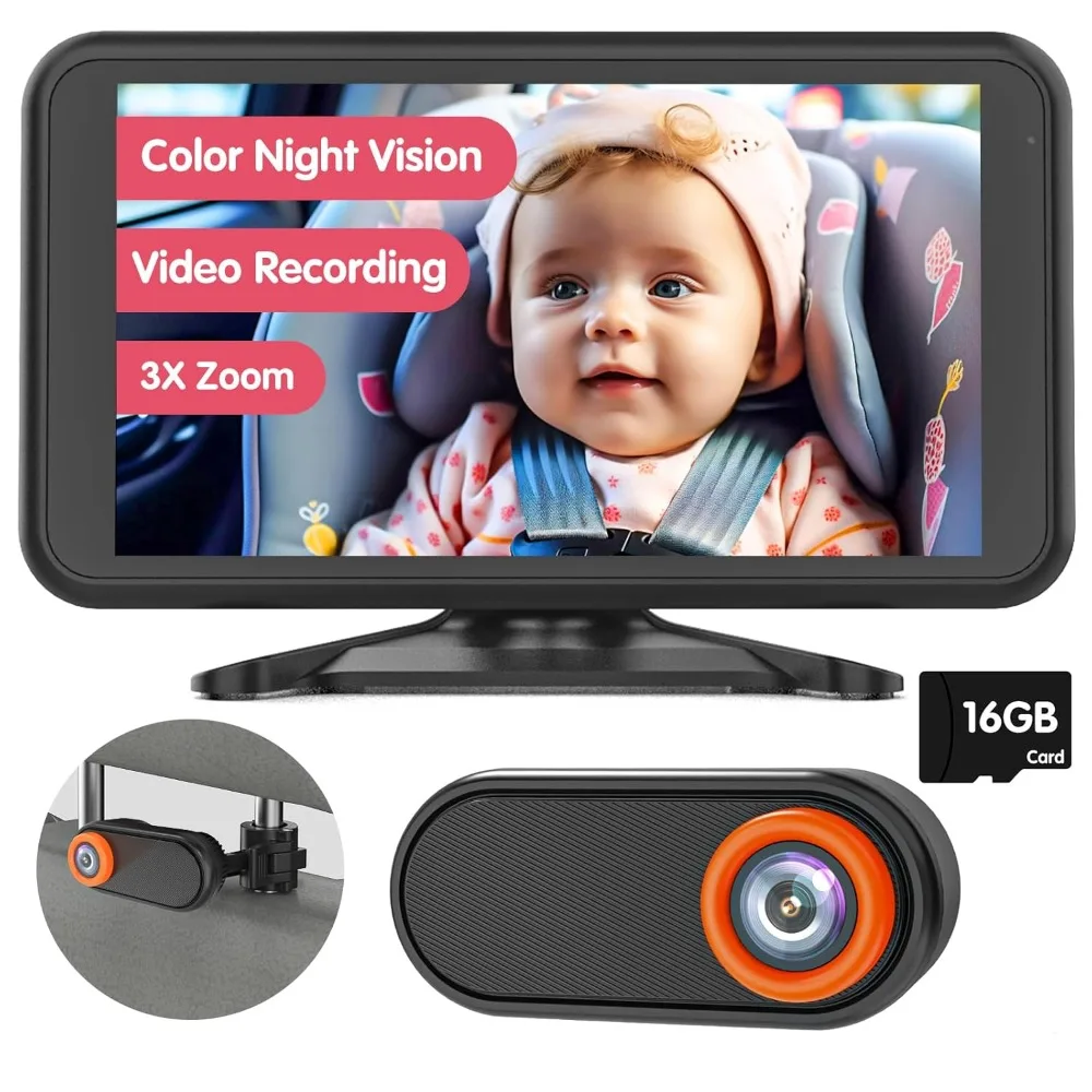 

Baby car camera, 5.2" 1080p with video recording & tf card, back seat camera with 3x zoom, 360° rotation, easy installation