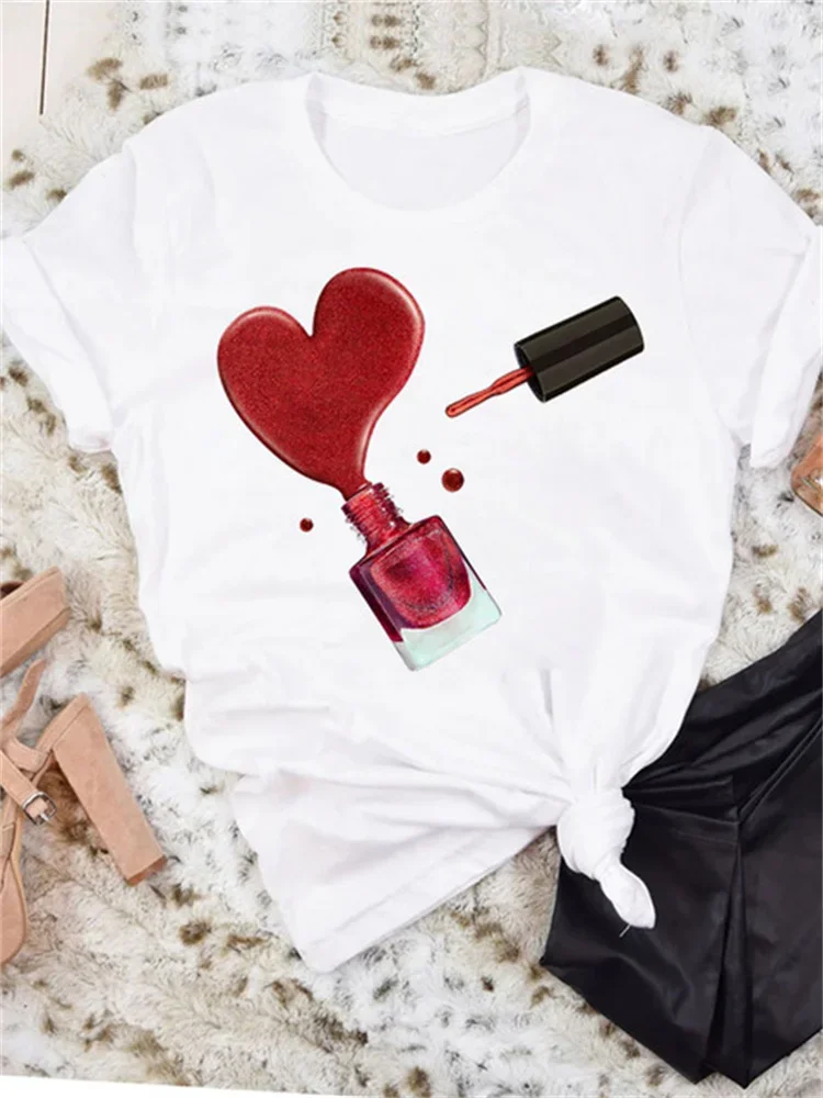 Fashion Women T Shirt New Nail Polish Print T-Shirt Short Sleeve Female Tops 90s Girls Cute White T Shirt Streetwear Tee