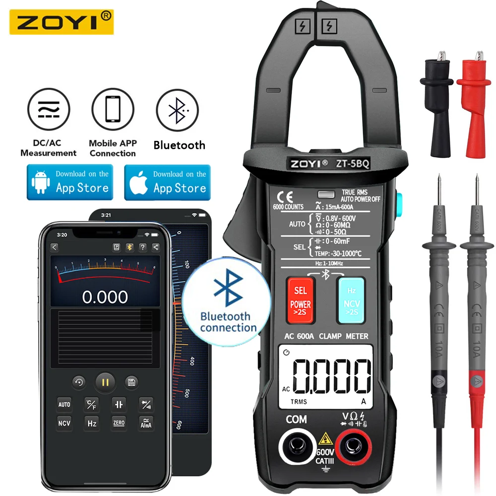 ZOYI ZT-5BQ Digital Bluetooth Multimeter Clamp Meter 6000 Count True RMS DC/AC Voltage Tester AC Current Hz Capacitance Ohm