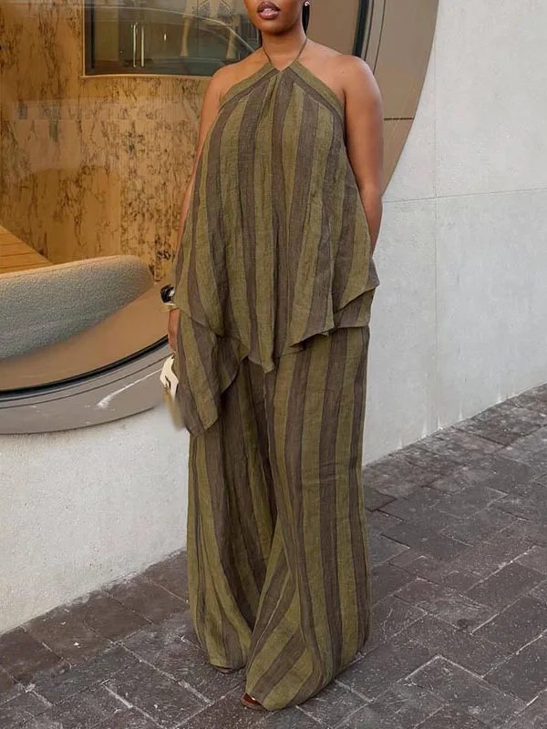 

Fashion High Waisted Wide Leg Pants Outfits Irregular Loose Summer Women's Set Casual Striped Printed Sleeveless Suspender Suit