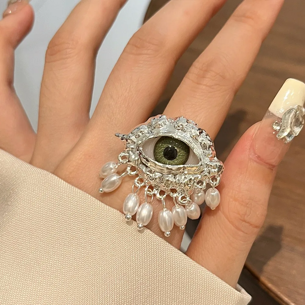 Aesthetic Vintage Devil\'s Eye Ring Delicate Tassels Glaze Ring Exaggerated Imitated Pearl Opening Finger Ring Girls