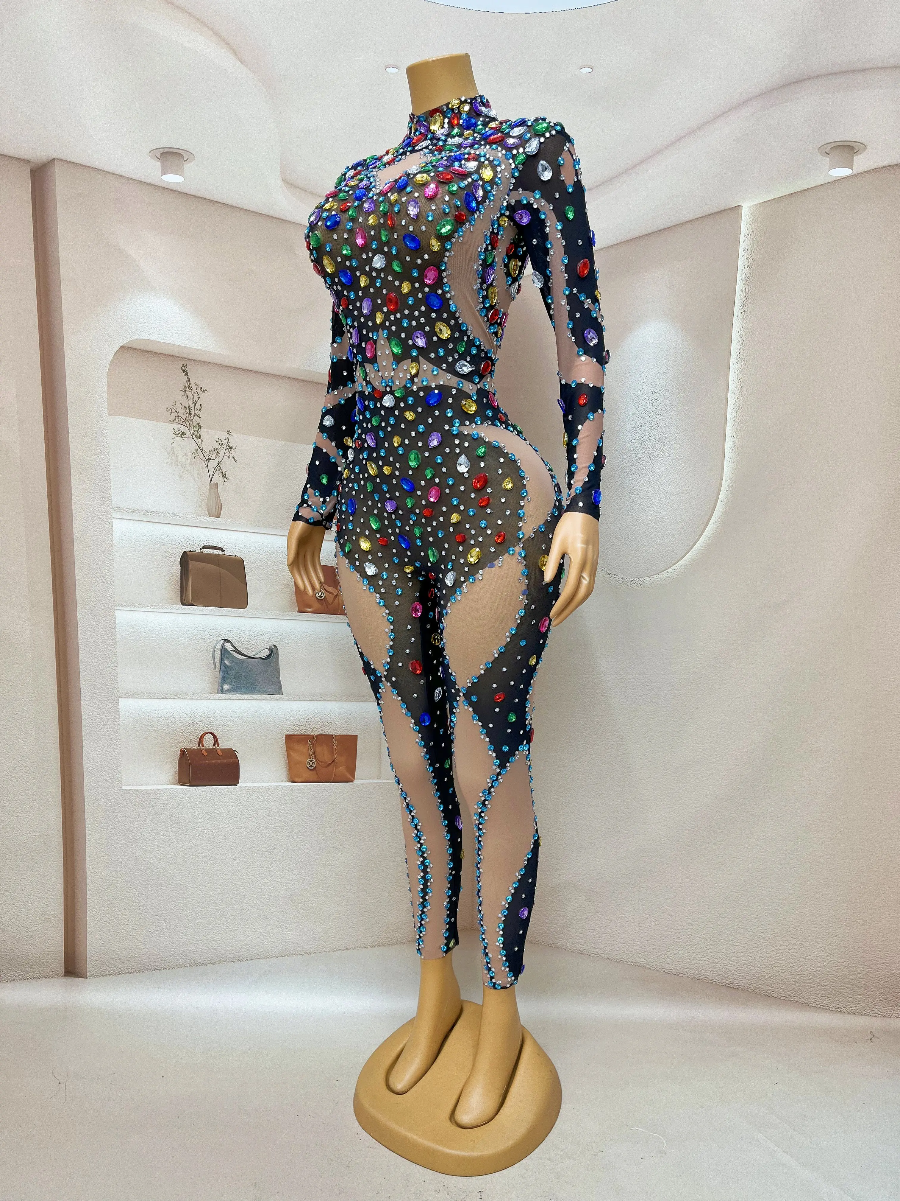 Evening Celebrate luxurious Colorful Rhinestones Black Jumpsuit Transparent Mesh Sexy Dance Outfit Bodysuit Costume youyu