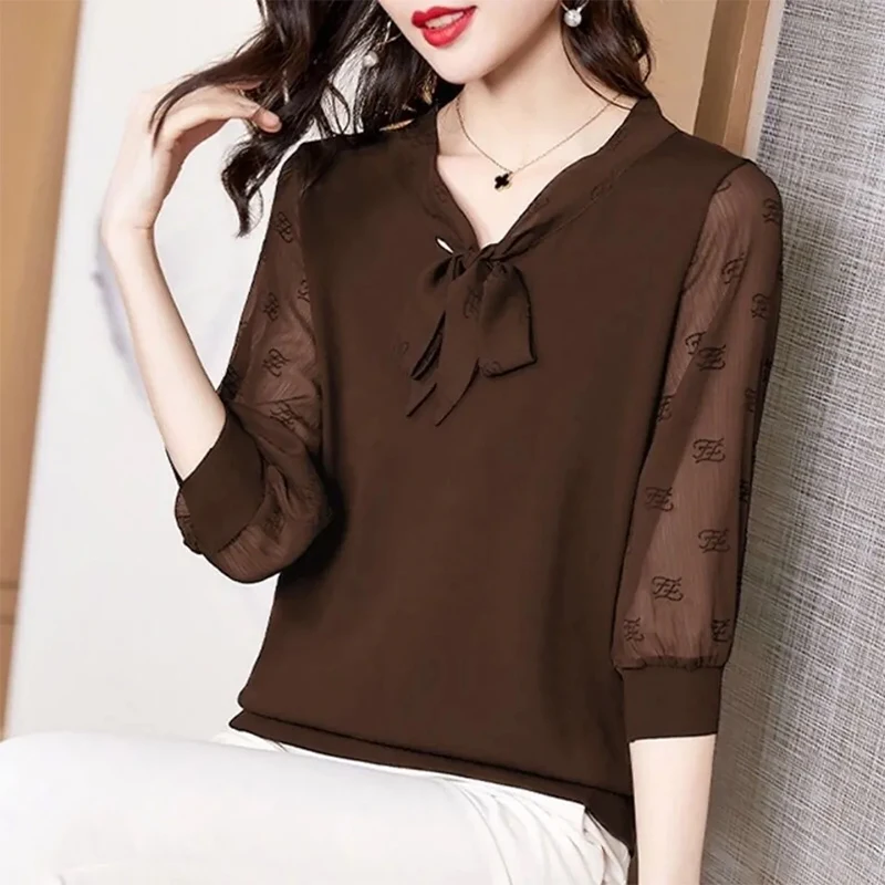 Women Summer Fashion Chiffon Large Size Appear Thin Net Yarn 3/4 Sleeve Shirts Women Clothes Simplicity Casual All-match Tops