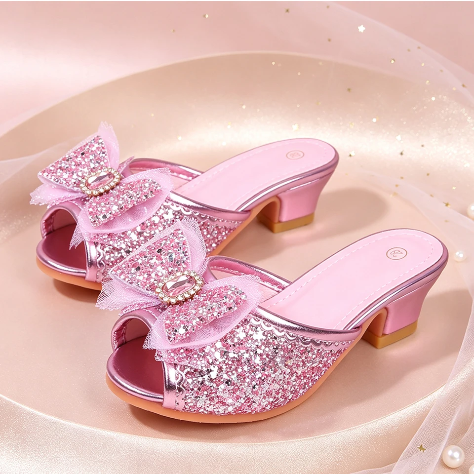 Fairy Little Girls Princess Slide Slippers Open Summer Children's Shiny Sequin Sandals Elegant Kids Toe Mid Block High Heel Shoe - view 3