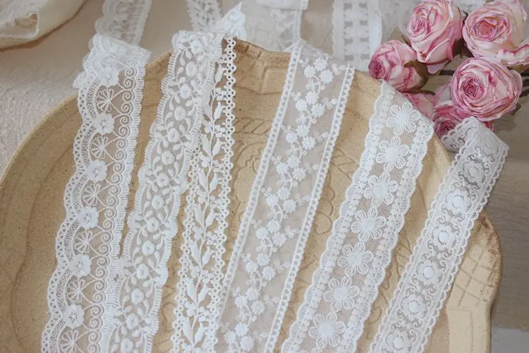 3yards/lot Paper white Cotton Embroidered Lace Trims Double Size Crochect Flower Mesh Wedding Lace Material X929