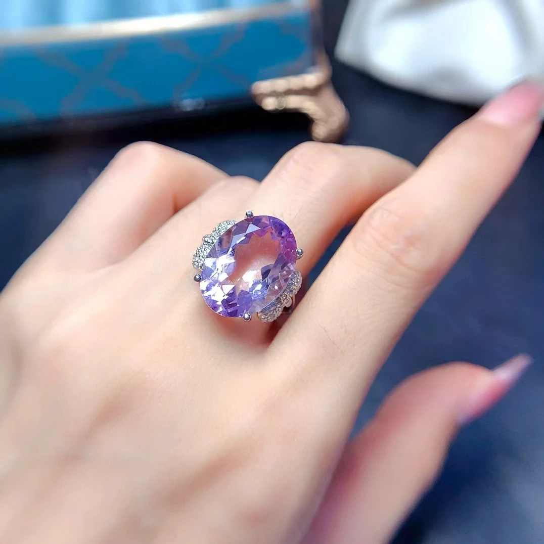 

925 Silver Amethyst Ring for Wedding 13mm*18mm 15ct Natural Light Purple Amethyst Jewelry 18K Gold Plated Crystal Ring