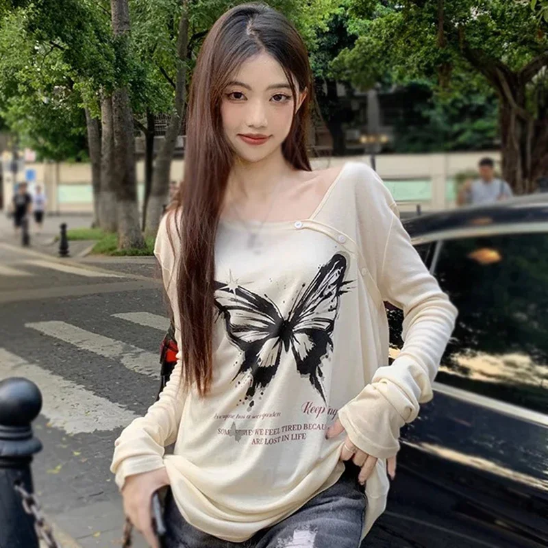 Top V-neck Long Sleeve Spring Autumn Fashion Butterfly Print Splicing Irregular Design Street Style Casual Simple Loose