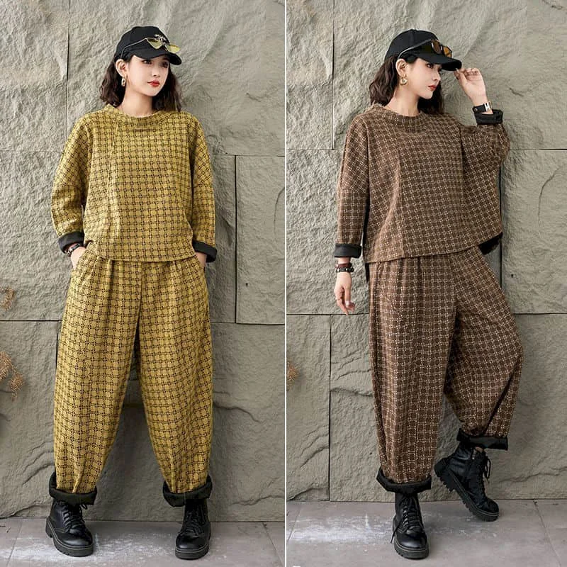 Printed Pants Sets Loose Autumn Winter Vintage Long Sleeve Hoodies and Harem Pants Korean Style Tracksuit Women Two Piece Set