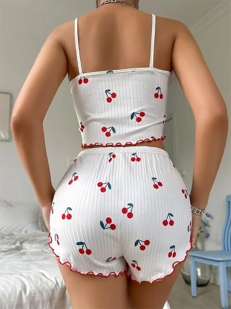 S M L XL Choose Girl's Cherry Camisoles + Shorts 2pcs Set Homewear Underwear Pijama Sexy Lingerie Tanks Nighty Women Sleepwear