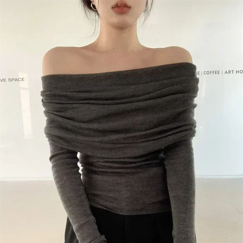 Deeptown Off Shoulder Knitted Sweater Women Elegant Female Korean Style Jumper Harajuku Fashion Gyaru Sexy Pullover Aesthetic