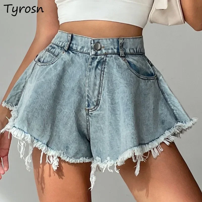 Wide Leg Shorts Women Y2k Denim Frayed Sexy Girls High Waist Hotsweet All-match Vintage Fashion Pockets European Style Females