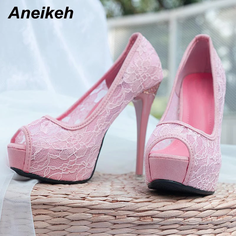 

Aneikeh New Design Fashion Sexy Lace Decoration Thin High Heel Women Sandals Platform Peep Toe Party Wedding Shoe Solid Classics