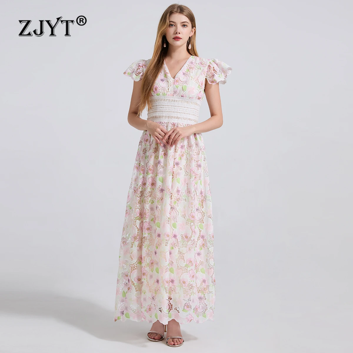 

ZJYT Runway Fashion Summer Print Hollow Long Lace Dresses for Women Elegant Luxury Butterfly Sleeve Vacation Party Dress Robes