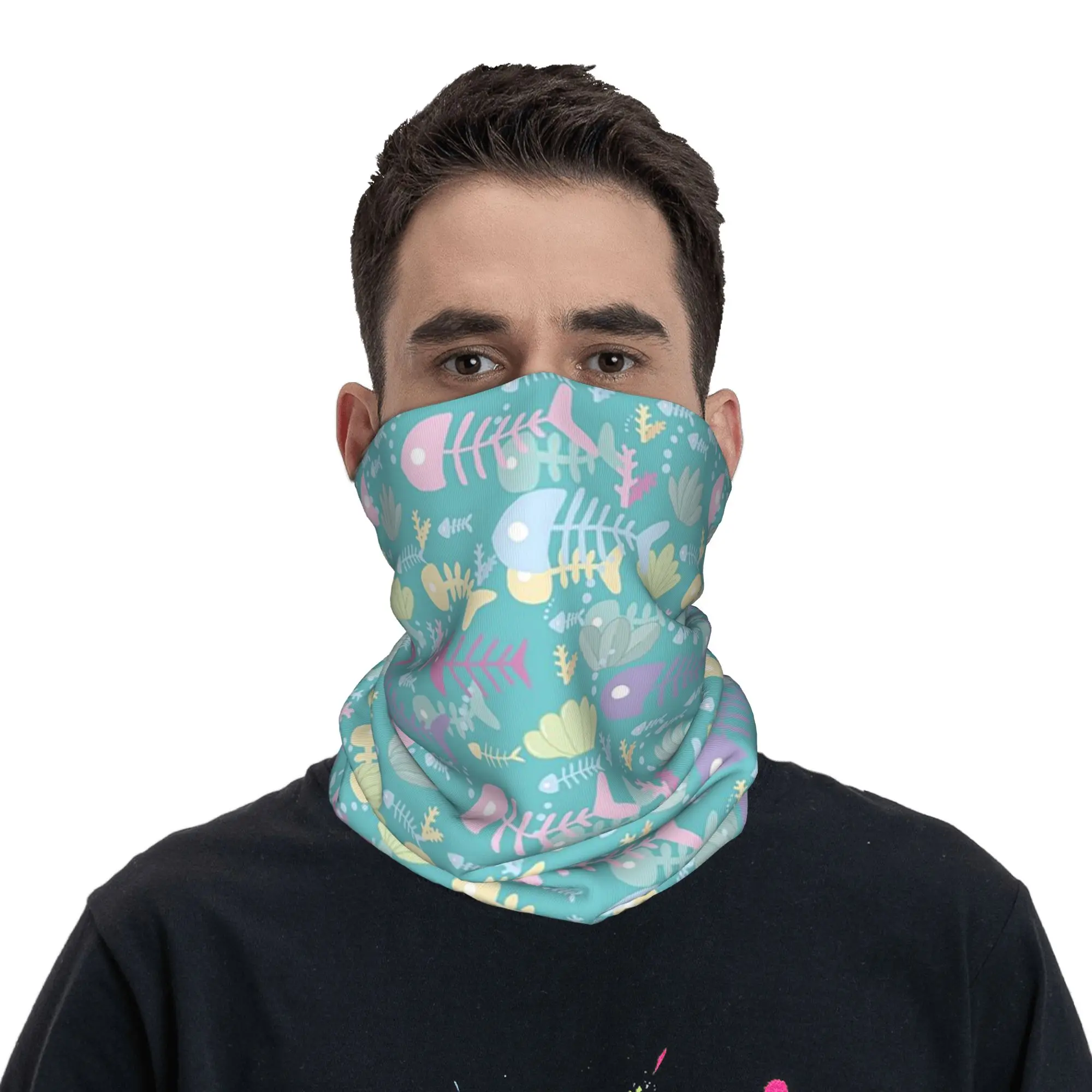 Fish Bone Under Sea Green Pattern Bandana Neck Cover Printed Wrap Mask Scarf Warm Balaclava Cycling For Men Women Adult