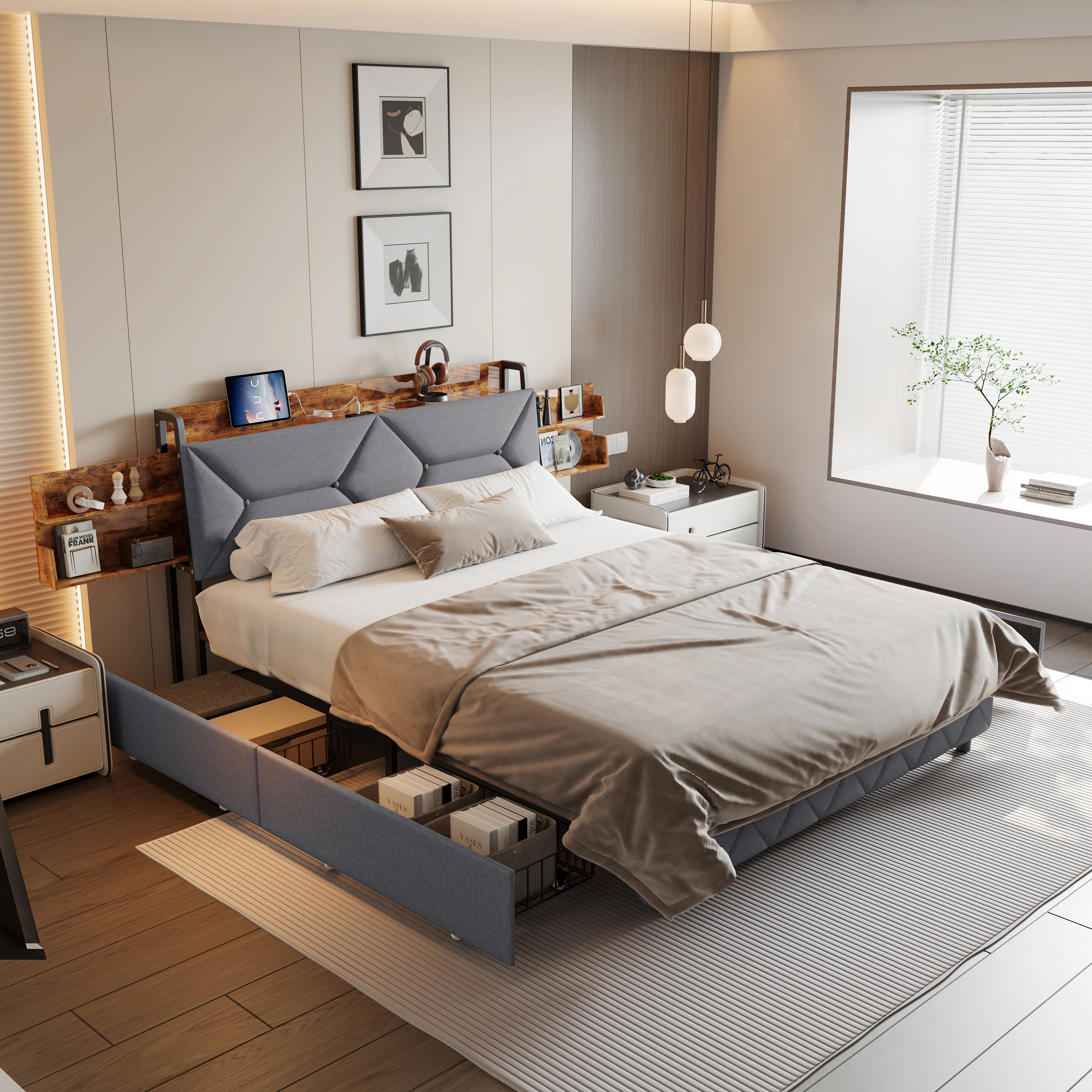 Rosahqnda Cadre de lit rembourré avec tête de lit inclinée ergonomique, tête de lit avec tiroir de rangement intégré, 140x200 cm, lits avec rangement, lit double, lit simple, lit pour jeunes, mobilier de chambre pratique sans matelas