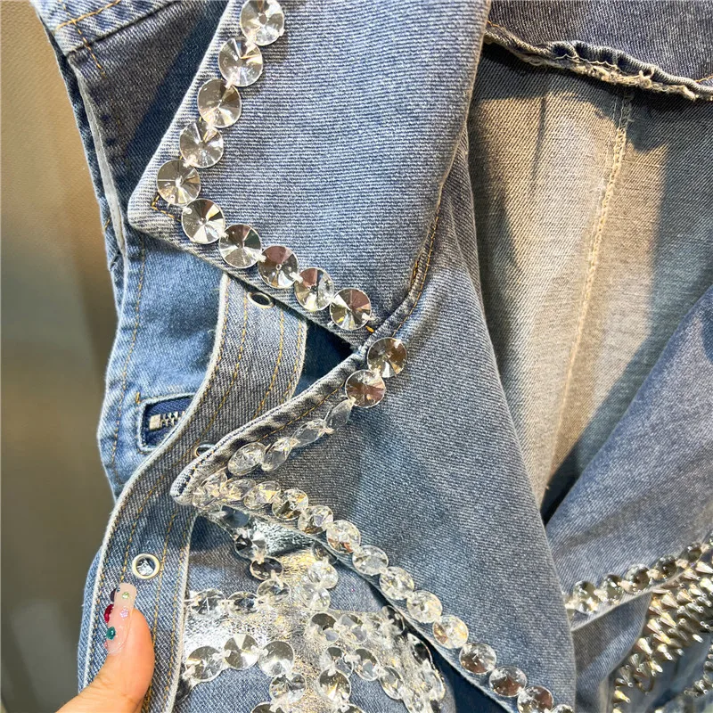 Pink Blue Smoky Gray Short Denim Vest Heavy Work Diamond Rivet Big Pocket Notched Collar Sleeveless Cowboy Waistcoat Streetwear