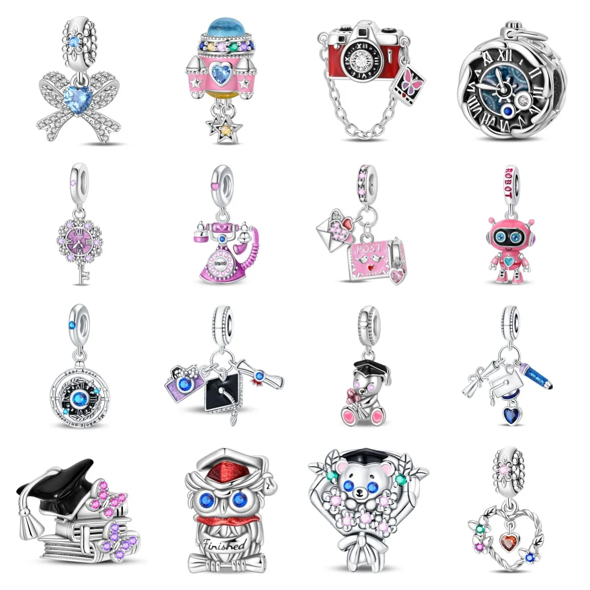 Original 925 Sterling Silver Charms Travel Camera Email Clock Graduation Beads Fit Bracelets Necklaces DIY Jewelry Women