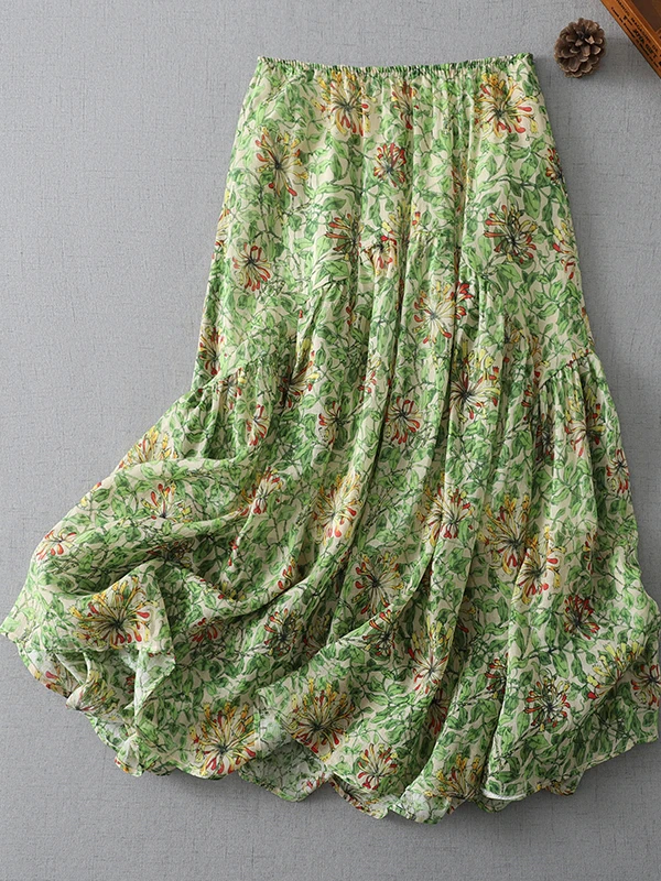 

Dopamine Green Floral A-Line Midi Skirt plus Size Women's Summer Versatile Long Slimming Skirt High Waist Cotton Polyester