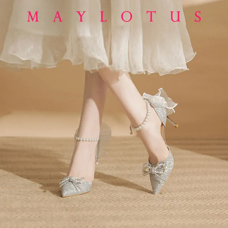 

2025 Bridal Wedding Shoes Women Pumps Crystal Bowknot Satin Sandals Summer Transparent Shoes High Heels Party Prom Shoes