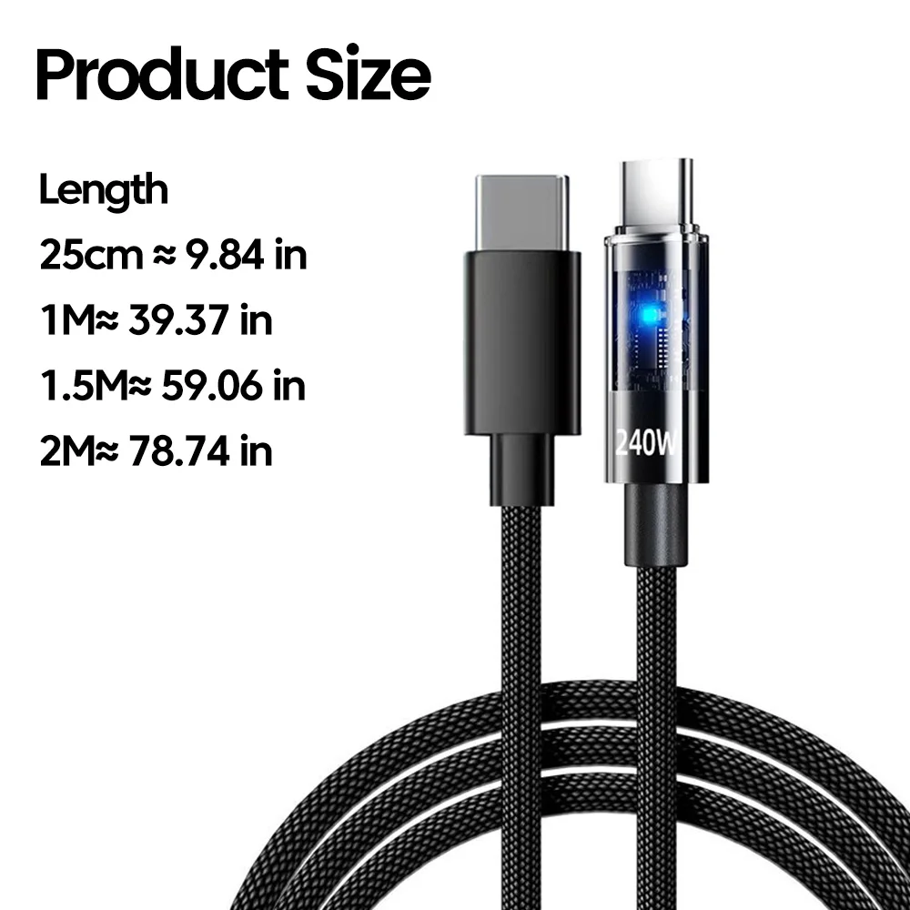 240W 6A USB to Type C Super Fast Charging Cable 25cm-2m LED PD C to C Mobile Phone Data Cable For iPhone 15 16 Samsung Xiaomi - Image 6