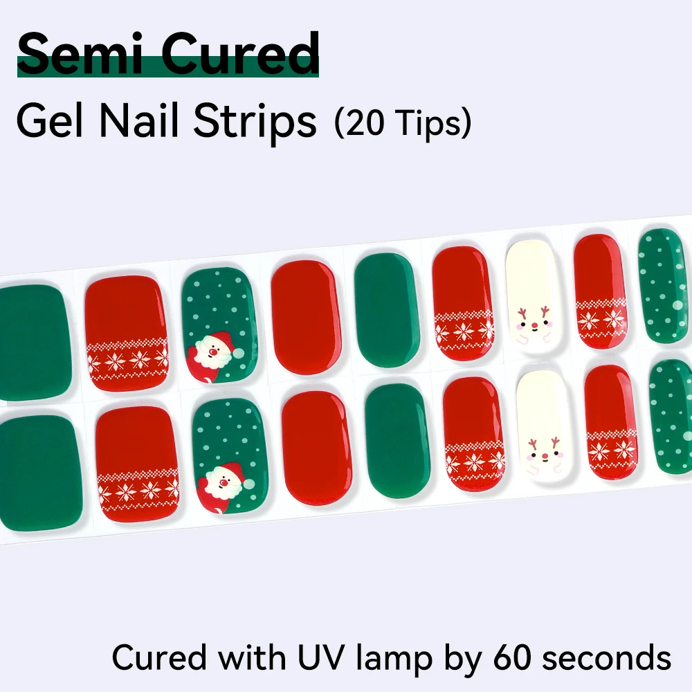 

20pcs Semi Cured Gel Nail Strips Glitter Christmas Gel Nail Stickers with UV Light Required Salon Quality Easy Apply & Remove