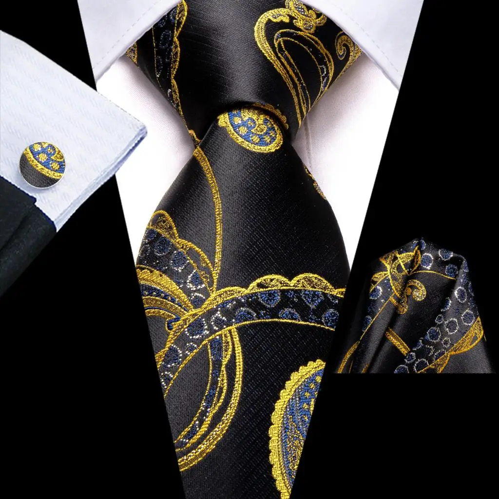 

Silk Wedding Tie For Men Paisley Black Gold Handky Cufflink Gift Men Necktie Fashion Business Party Dropship Hi-Tie Designer