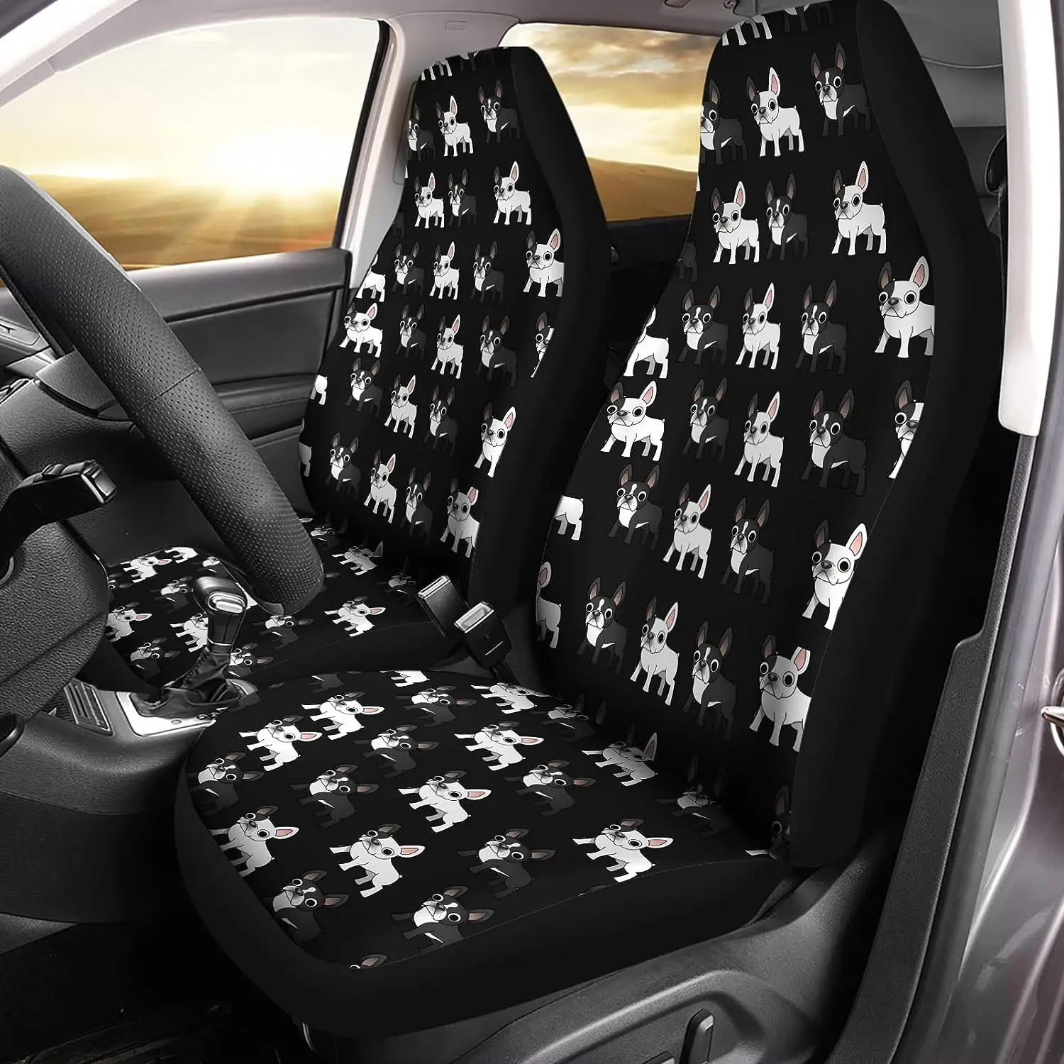 

Cartoon French Bulldog Print Automotive Seat Cover 2Pc Car Accessories with Front Drive Seat Cover Universal Protect Accessories