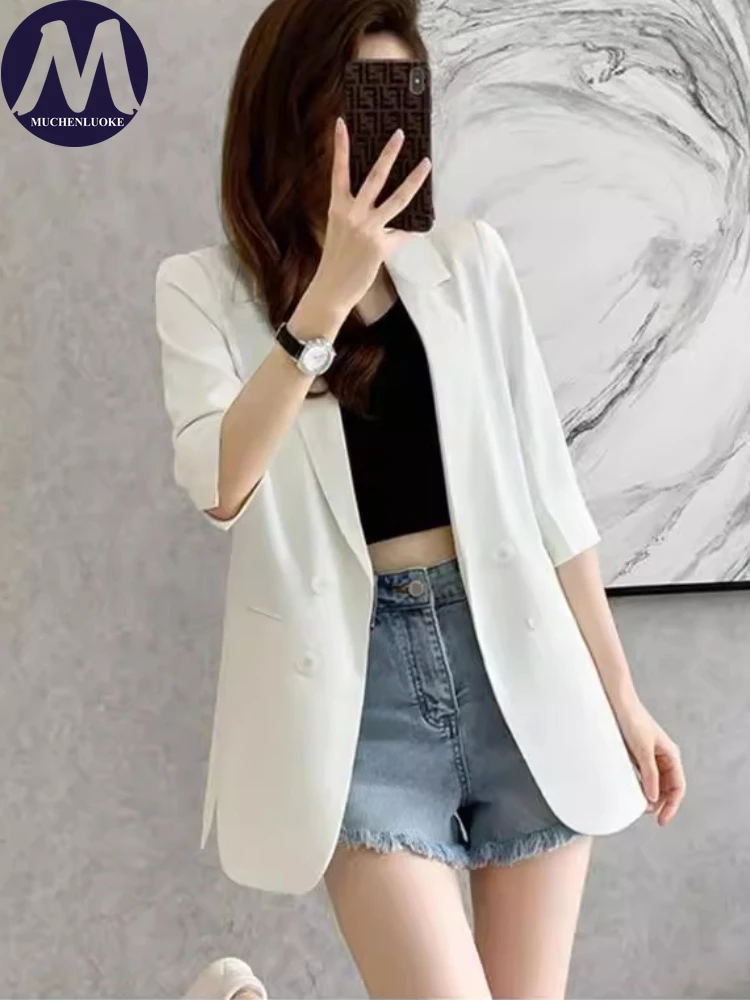 Blazers for Woman Summer Autumn Elegant Half Sleeve Double-breasted Office Blazers Coats Fashionable Casual Loose Women's Coat
