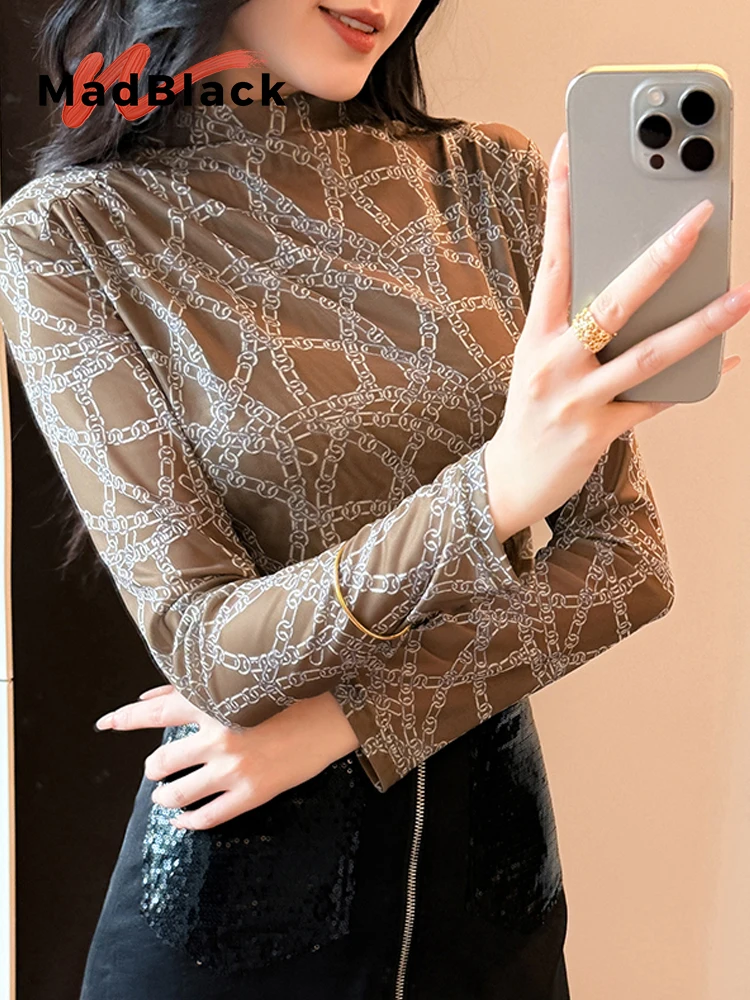 

MadBlack-Женская европейская футболка, сексуальный воротник с принтом, клубная одежда с длинными рукавами, тонкая сетчатая трикотажная футболка S-3XL, новинка осени 2023 года T5O318CC