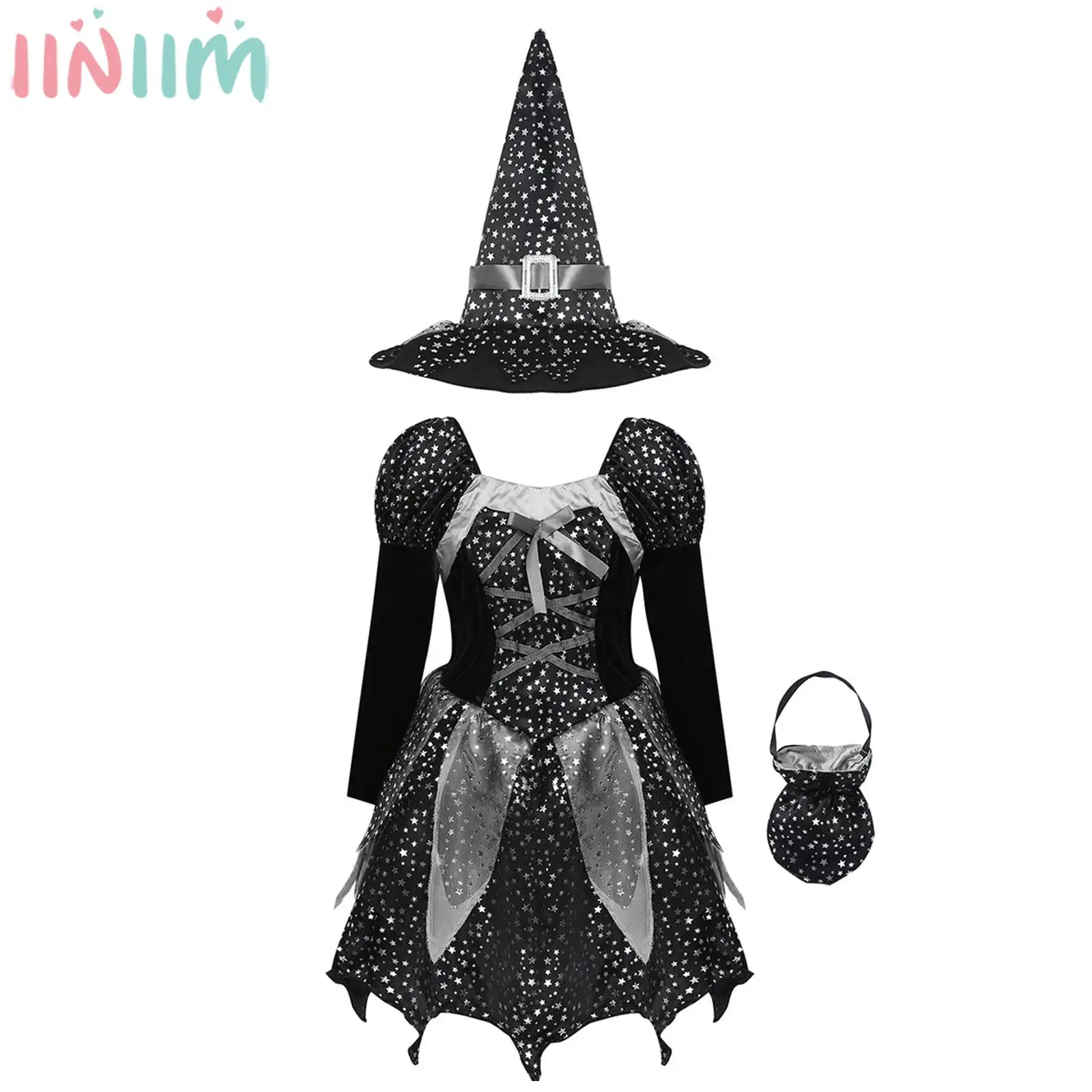 Girls Witch Sorceress Cosplay Costume Princess Dress with Candy Bag Pointed Hat for Halloween Masquerade Carnival Theme Party