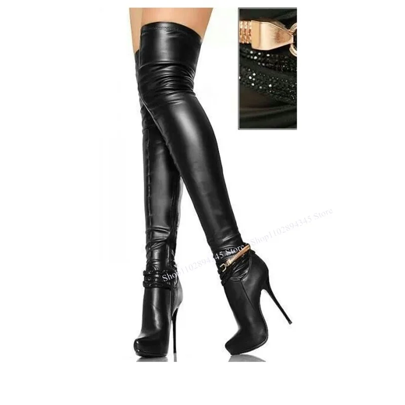 Black Diamond Chain Platform Boots Thin High Heel Pointed Toe Fashion Sexy Winter Big Size 2025 Woman Shoes Zapatillas Mujer