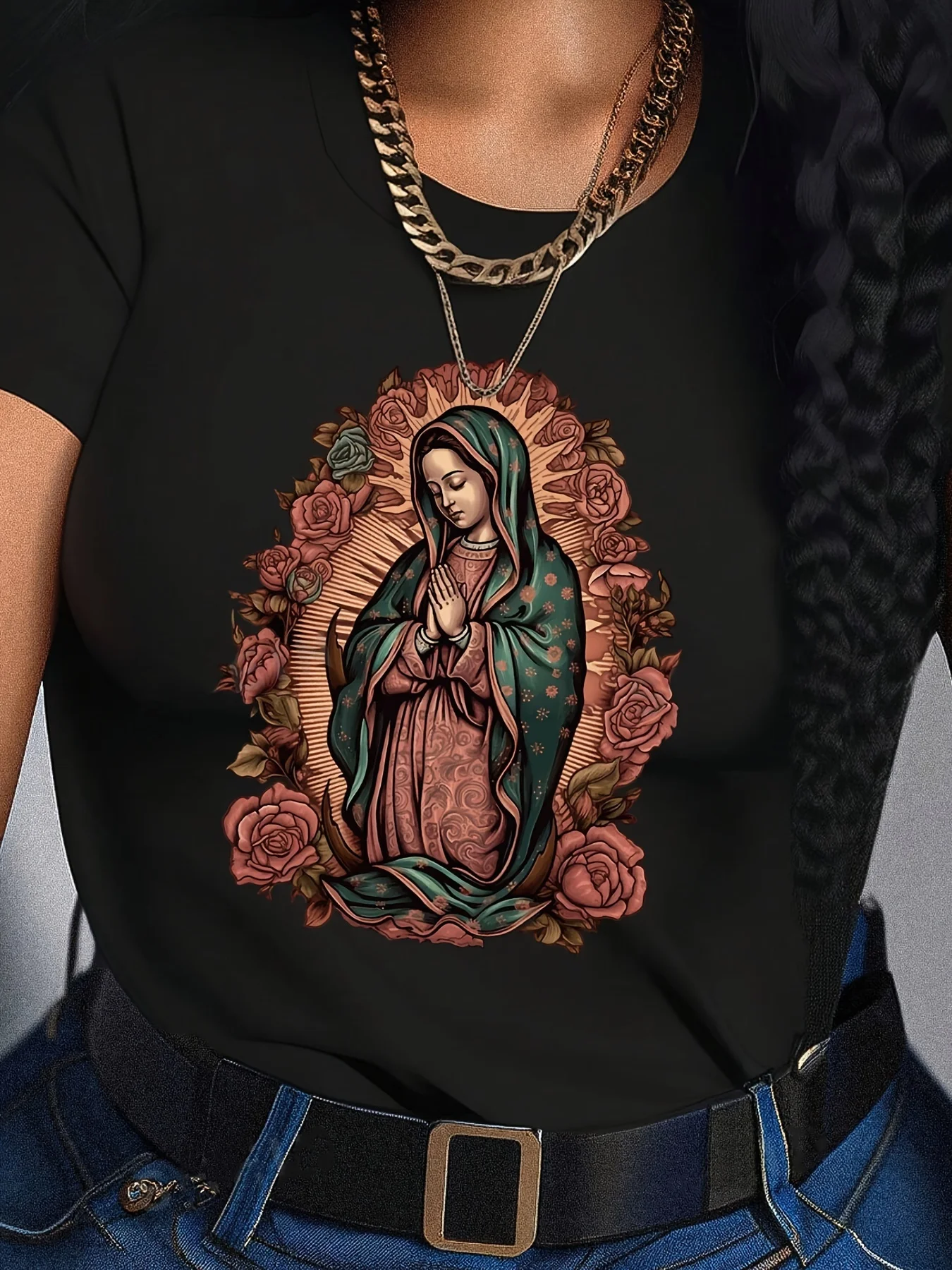 

Religious Mary Floral Graphic Print Summer Autumn Winter Cotton Men and Women T-shirt Short Sleeve Luxury Outdoor Sports Brand