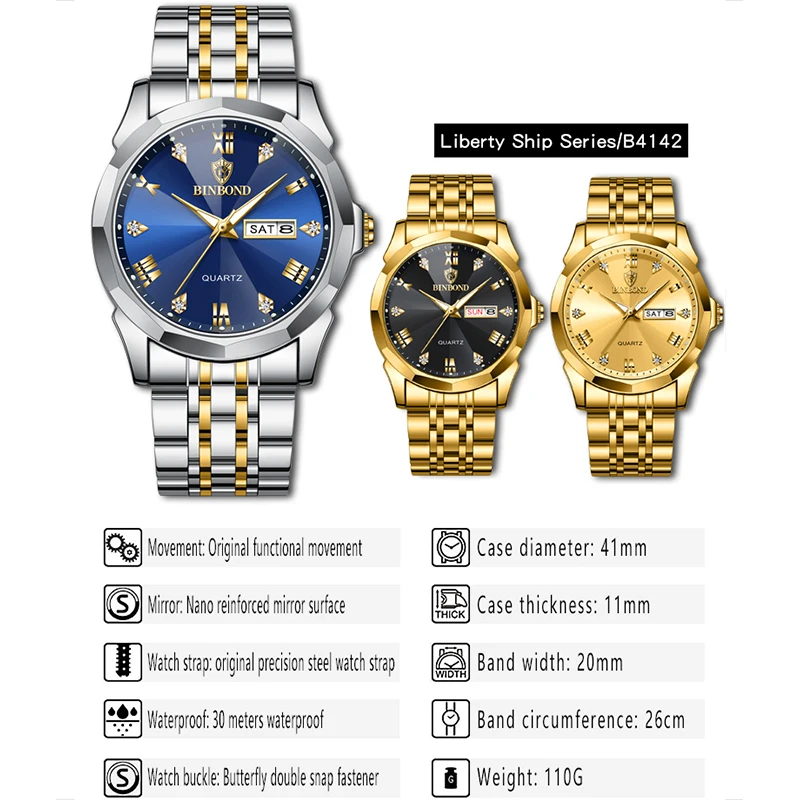 BINBOND Men's Watches Rhombus Mirror Original Quartz Watch for Man Waterproof Luminous Stainless Steel Wristwatch Male Date Week