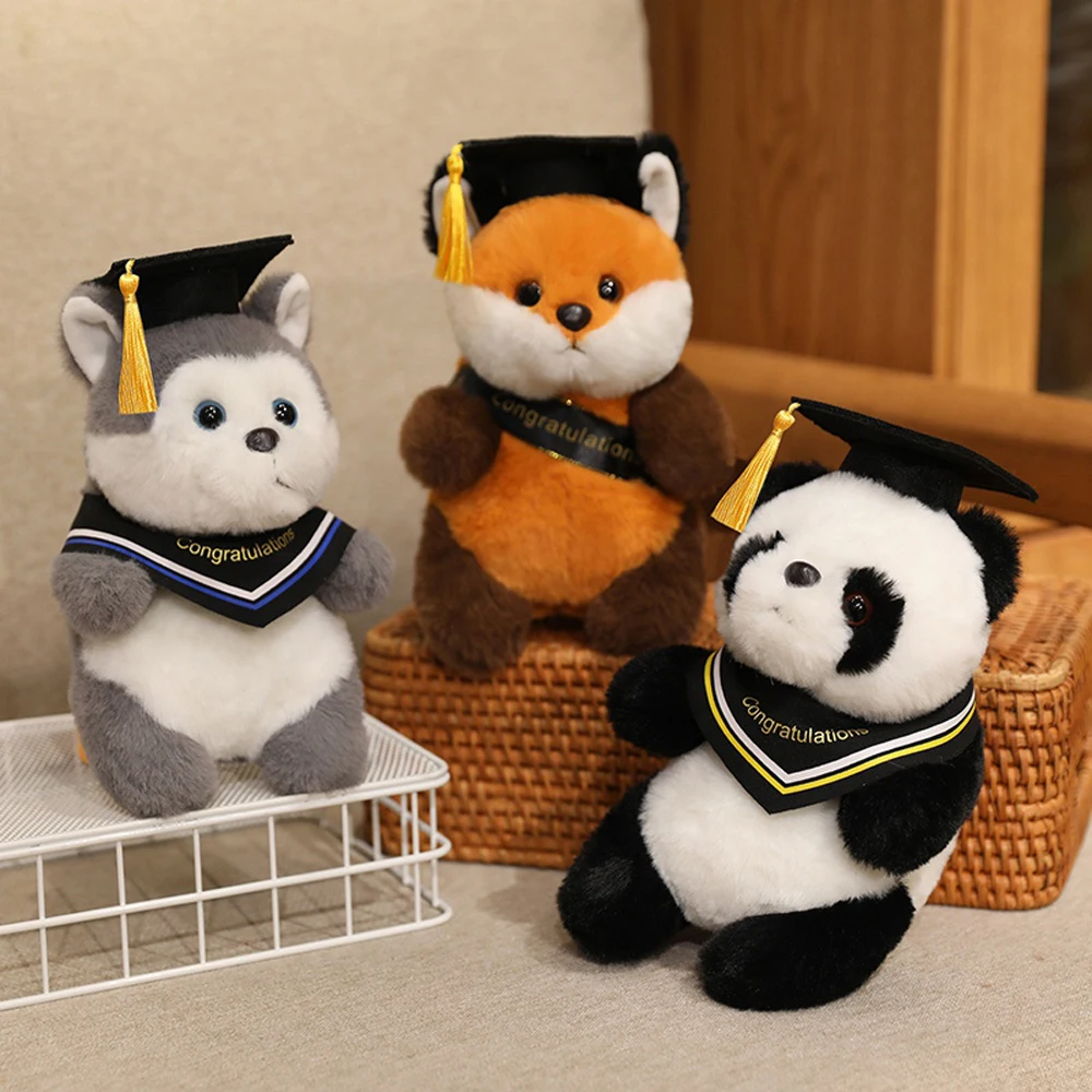 

20cm Postgraduate Husky Stuffed Animal Graduation Panda Plush Toy Fluffy Fox In Cap Gown Cheap University Sourvenir Plushie Gift