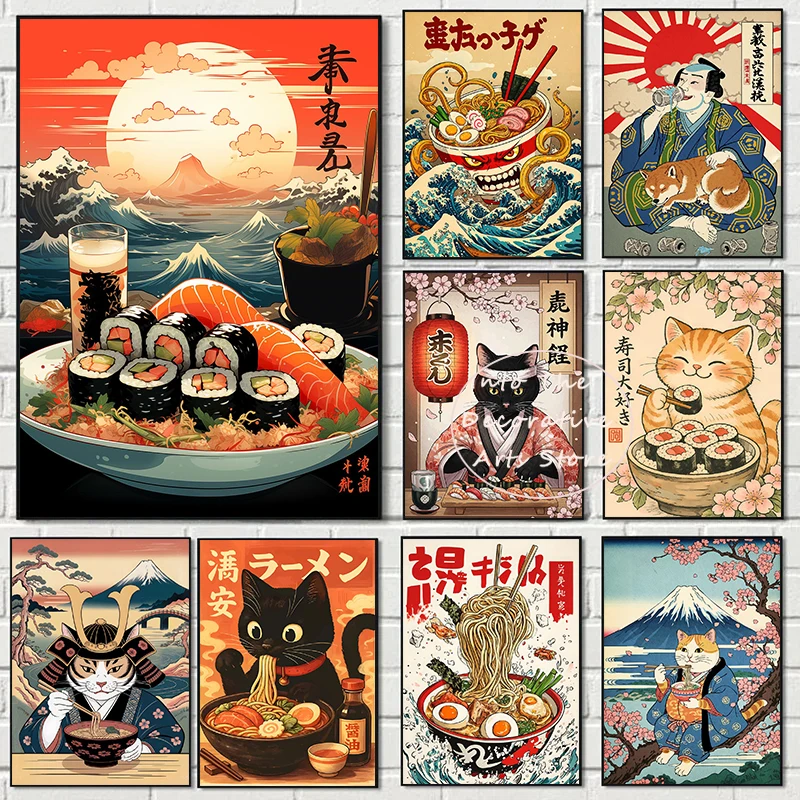 Japanese Ramen Animal Black Cat Sushi Posters Canvas Prints Paintings Home Decor Noodles Food Wall Art Kitchen Room Decoration