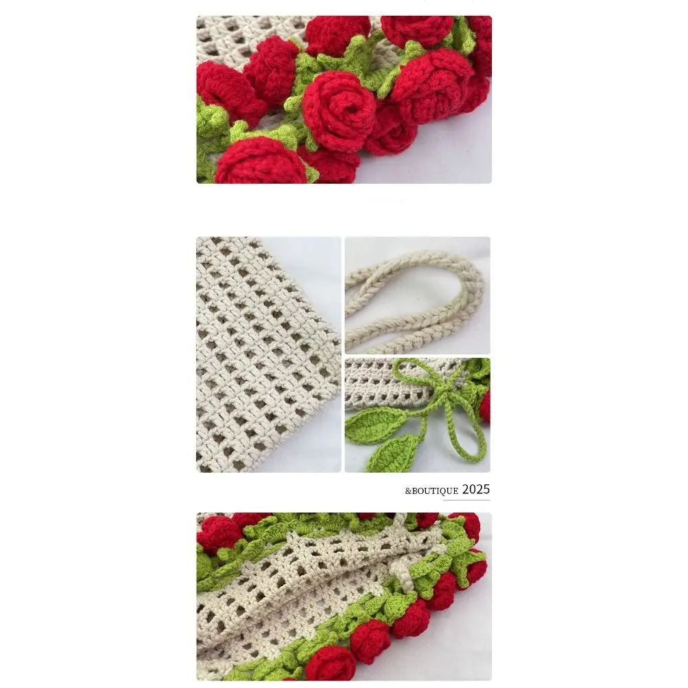 보헤미안 로즈 부케 위브 백 크로셰 뜨개질 꽃무늬 숄더백 로맨틱 코튼 로프 로즈 비치 버킷백