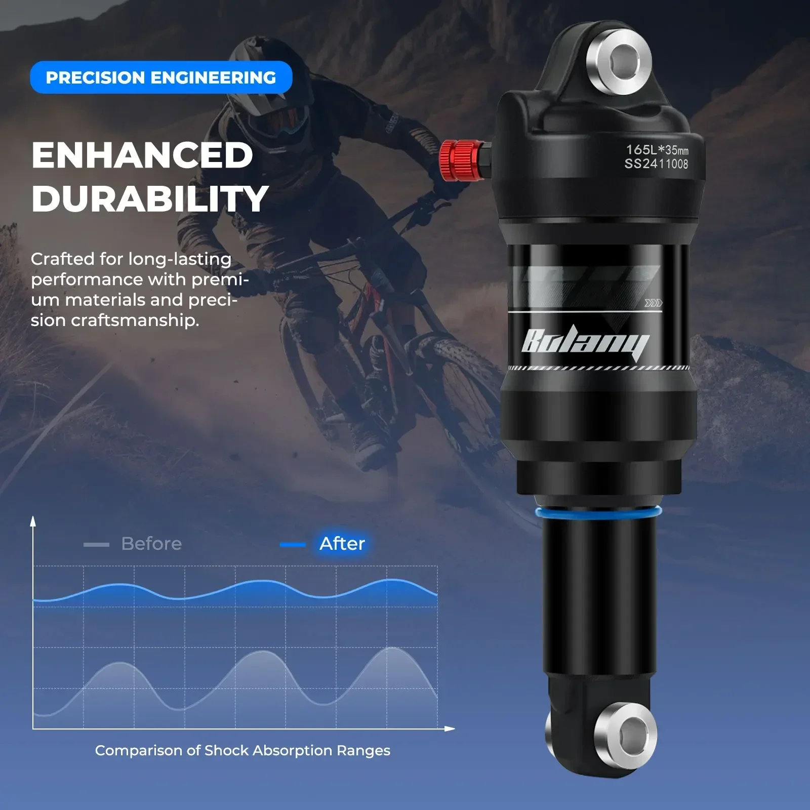 

Bolany Mountain Bike Air Damping Adjustable Shock Absorber 165mm/190mm Scooter Alloy MTB Folding Bicycle Rear Shock Cycling Part