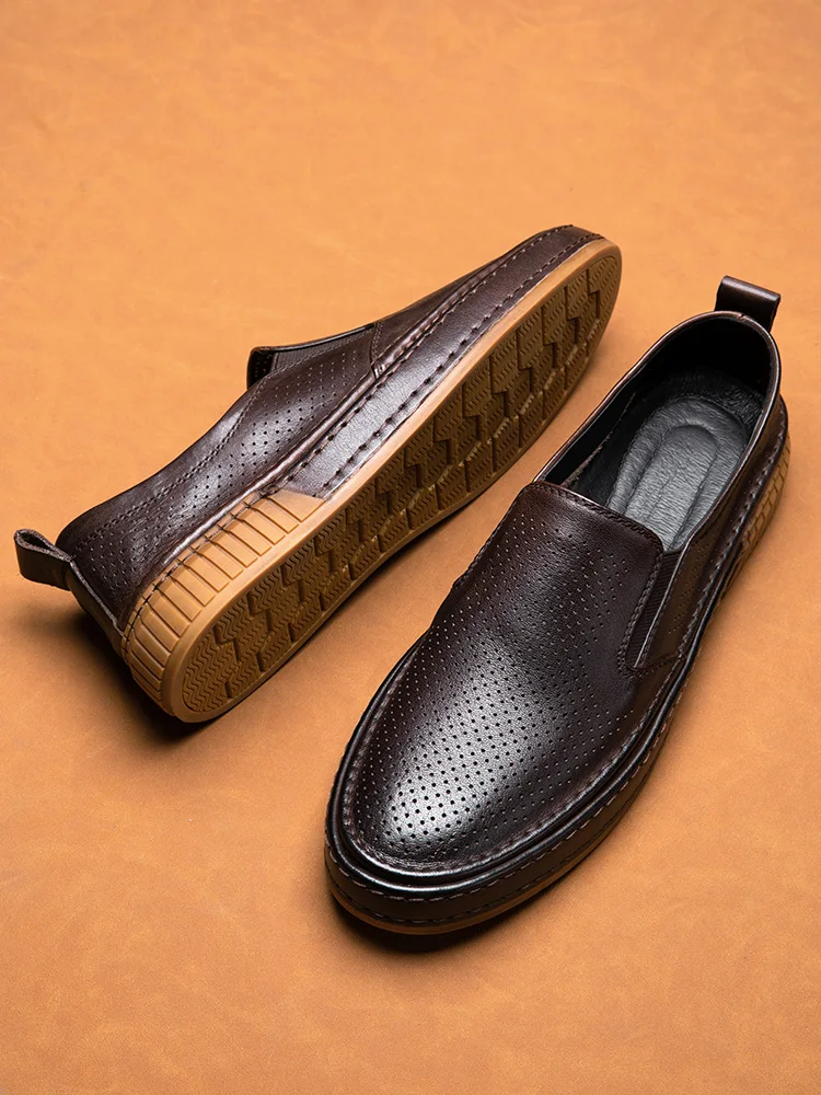 Super Soft No Linning Leisure Men's Slip On Loafers Casual Leather Hollow Shoes Luxury Successful Man Comfort Wear