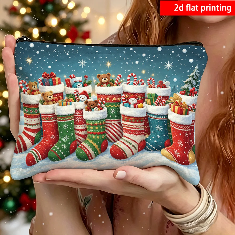 Christmas Cosmetic Bag Cute Xmas Stockings Bear Toy Gift Box Snowflake Zipper Makeup Pouch Travel Storage Bag Holiday Gift Women