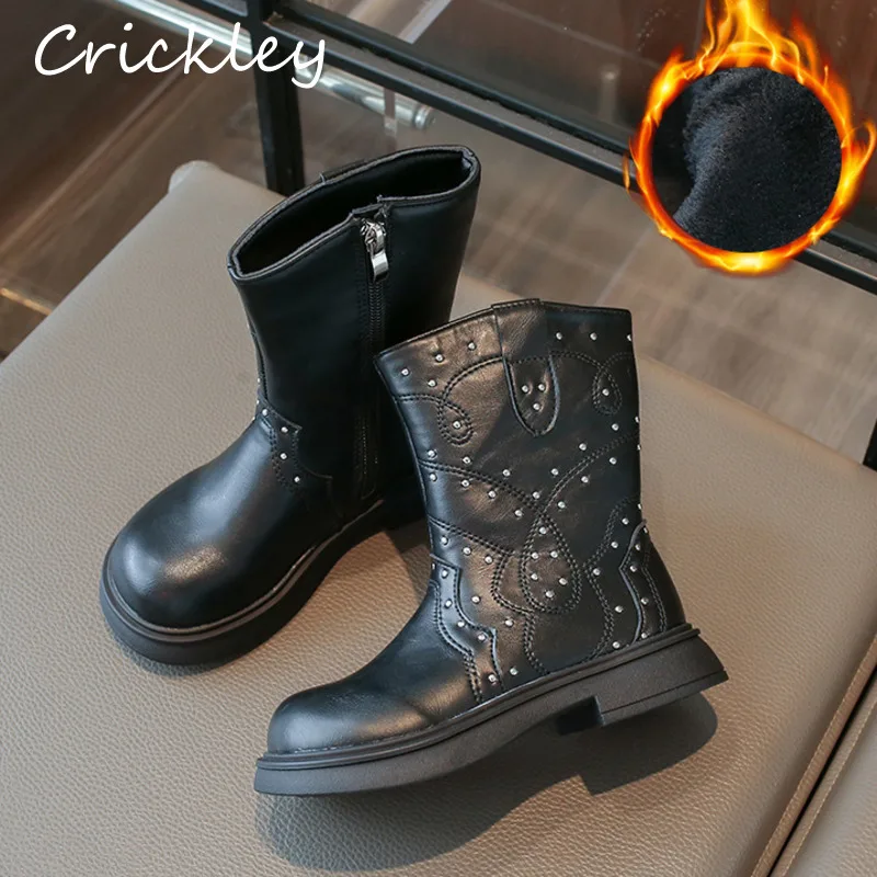 Rivet Embroidery Children Fashion Boots PU Leather Fleece Warm Kids Cow Boy Boots Zip Anti Slip Girls Mid Calf Shoes
