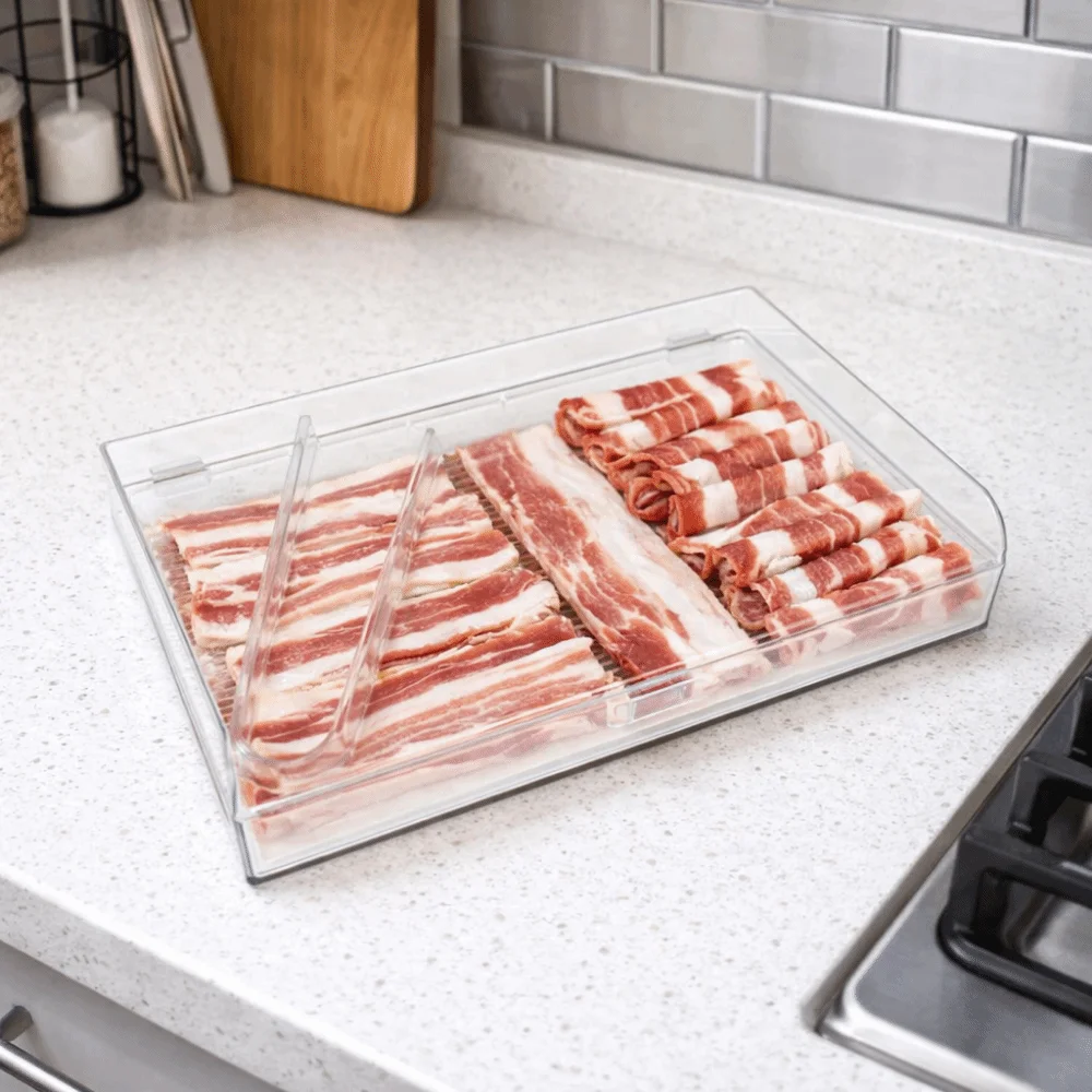 

Пластиковый контейнер для хранения бекона с прозрачными крышками, контейнер для хранения свежего обеда, мяса, большая емкость с щипцами, ящик для хранения мяса